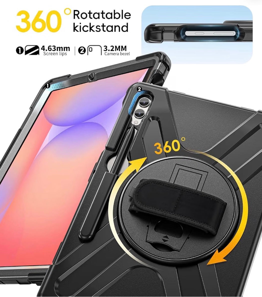 Case for Samsung Galaxy Tab S10 Lite/S10 FE/S9 FE/S9/S8/S7 5G 10.9"/11 Inch, Heavy Duty Rugged Soft Silicone Shockproof Drop Protective Cover with Rotating Stand Hand Strap, Black