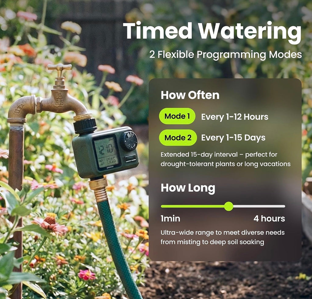 Garden Hose Sprinkler Timer 1 or 2 Outlet Programmable Controller Self-cleaning valve, rain delay, auto-off, IPX5 waterproof, large LCD, 15-day scheduling, and tool-free installation