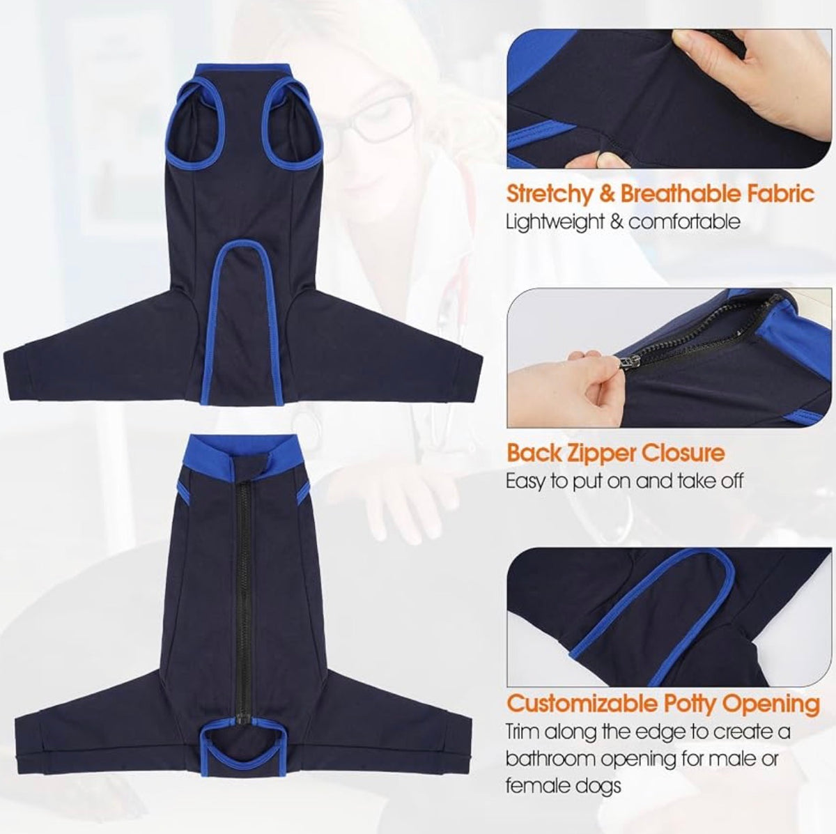 Dog Recovery Suit for Rear Legs, Surgery Onesie, Cone Alternative
Protects rear legs and abdomen from licking and scratching. Breathable recovery suit for male and female dogs after surgery - Large