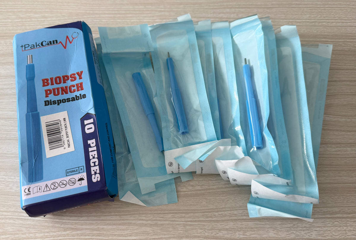 Disposable Biopsy Punch Curettes - Box of 10 - Sterile Biopsy Dermal Punch Curette for Piercing with Protective Handle (2 mm)