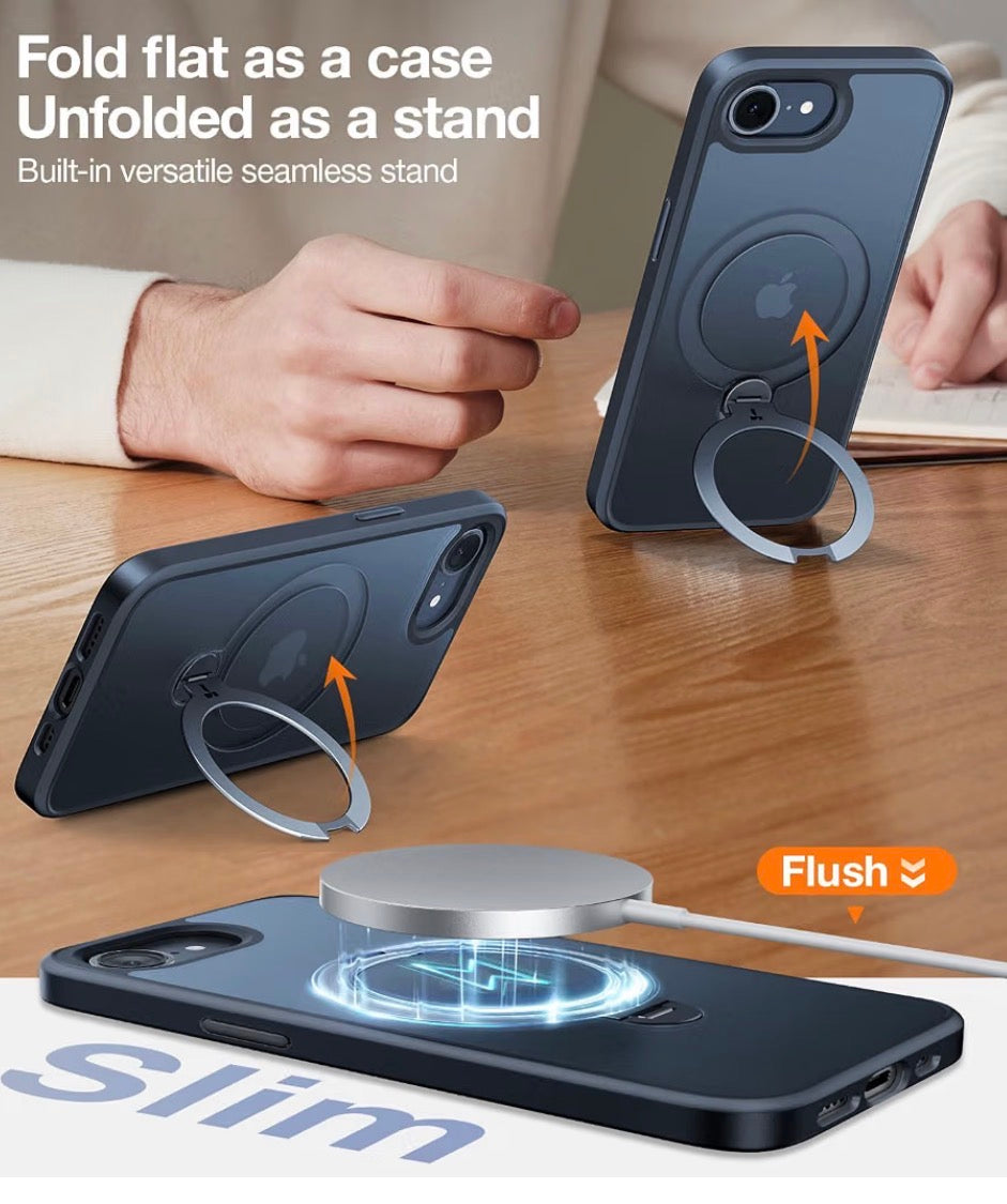 360 Spin for iPhone 17e Case & iPhone 16e case with Stand, Fit for MagSafe, 4X Military-Grade Protective, Stand Phone Case for iPhone 17e Case, Ring Holder Slim Cover, Matte Black 6.1''