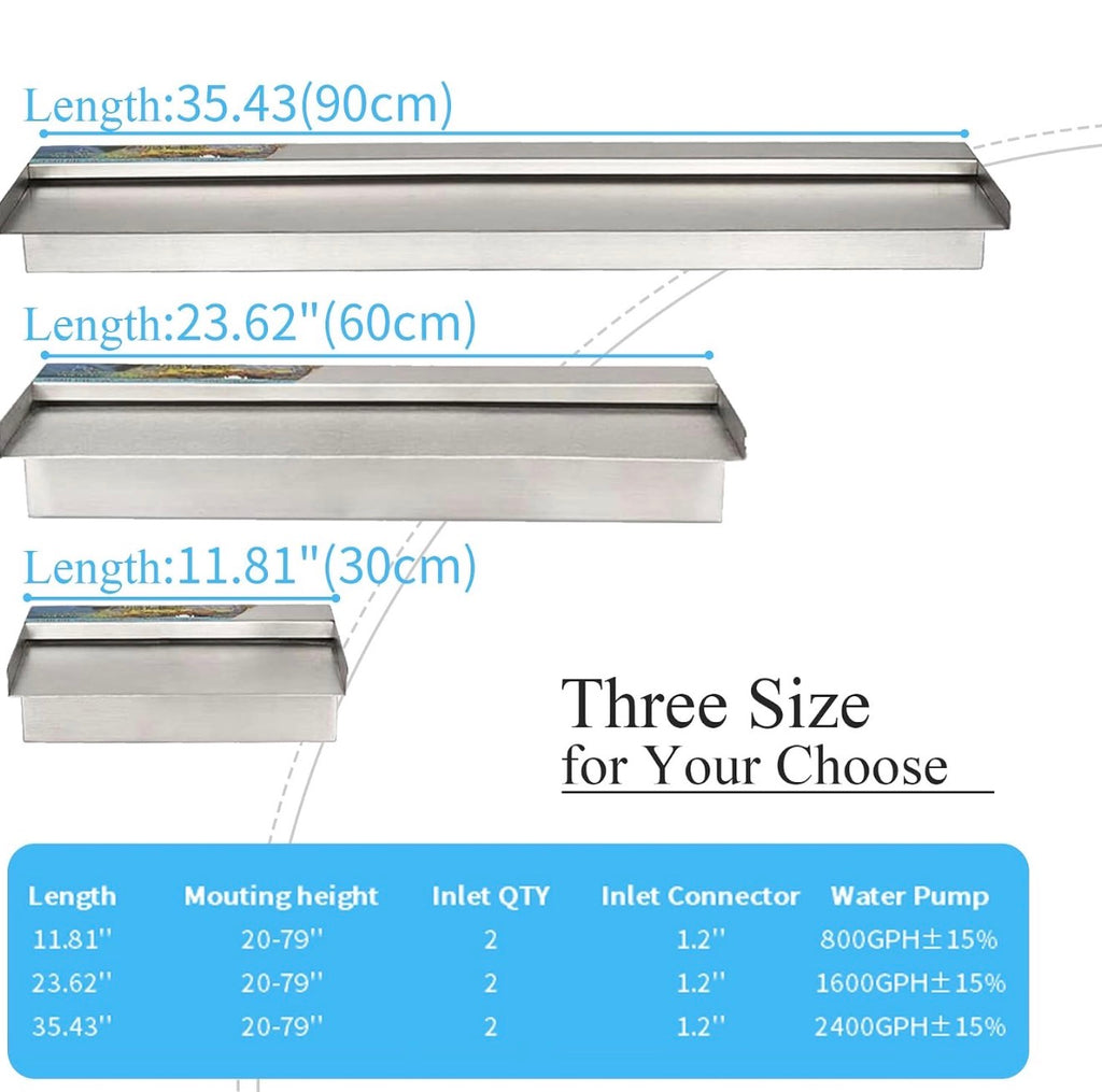 36” Inch Pool Fountain 304 Stainless Steel Waterfall Spillway with Pipe Connector Kits, Wider Water Flow Sheer Descent Platform Water Feature Fountain for Swimming Pool, Outdoor Garden Decor