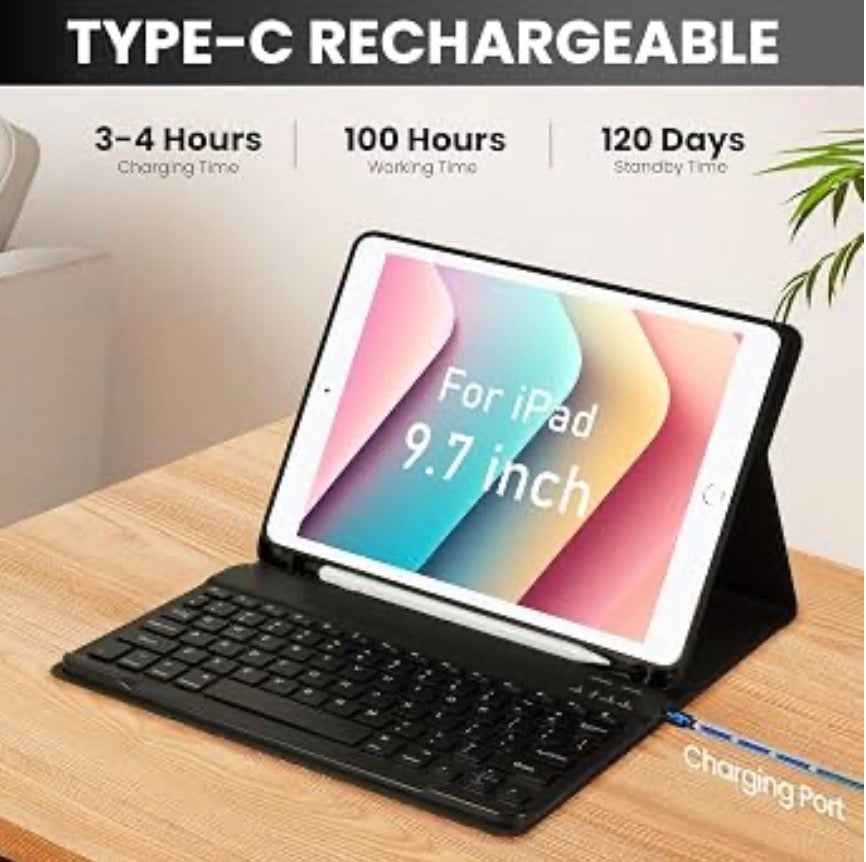 Keyboard Case for iPad 9.7 inch 2018 (6th Gen)/ 2017 (5th Gen)/2016 iPad Pro/Air 2/1, Thin - Detachable - Wireless Keyboard Cover with Pencil Holder for iPad 9.7 inch, Auto Sleep/Wake, Black