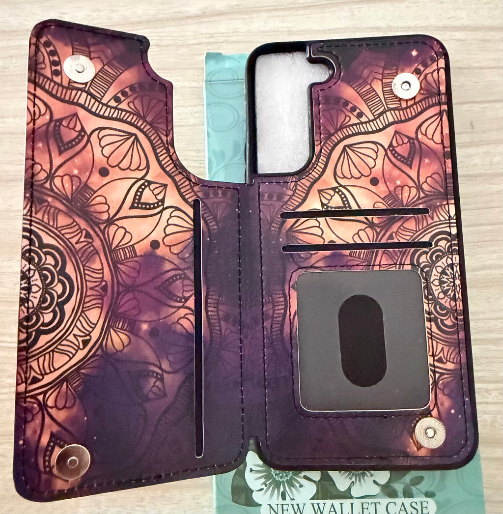 Wallet Phone Case for Samsung Galaxy S22+ Plus - Mandala Purple/Black/Beige/Orange