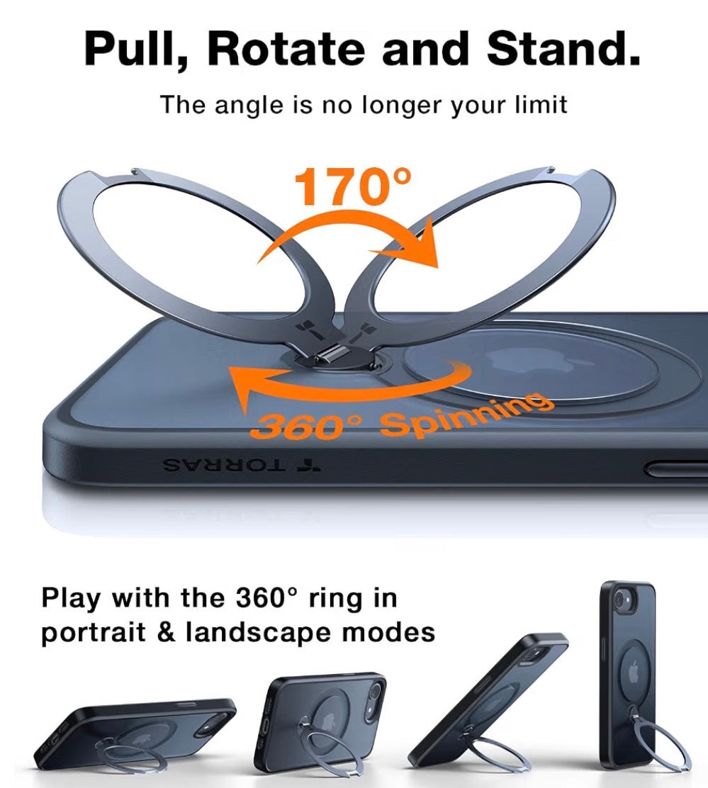 360 Spin for iPhone 17e Case & iPhone 16e case with Stand, Fit for MagSafe, 4X Military-Grade Protective, Stand Phone Case for iPhone 17e Case, Ring Holder Slim Cover, Matte Black 6.1''