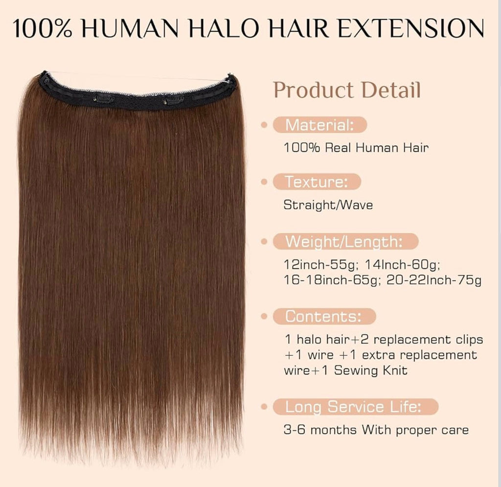 Short Wire Hair Extensions Real Human Hair Remy Hairs Wire Extension for Women Invisible Wire One Piece Clip in Hairpiece for Short Hairs 14 Inch #4R Medium Brown