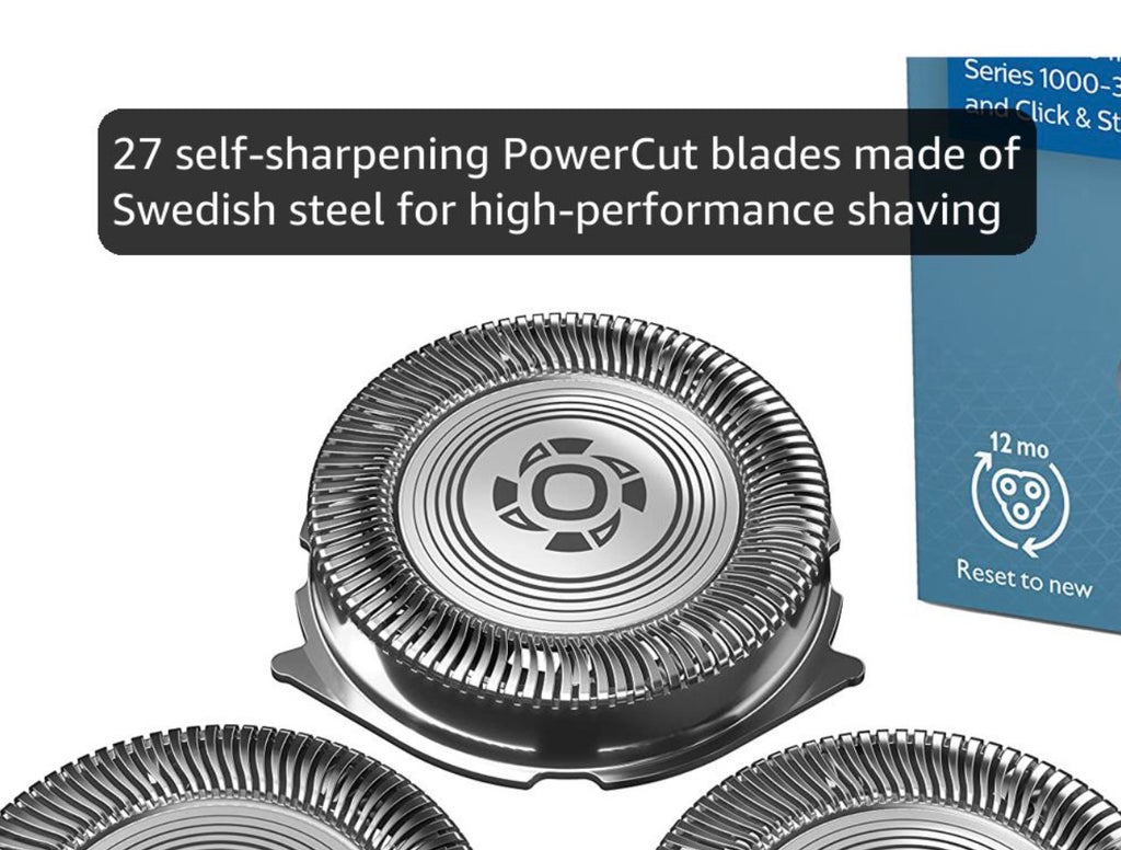 Philips Norelco Genuine Replacement Heads, 3 Count, 27 Self Sharpening PowerCut Blades, Compatible with Series 1000 - 3000, SH30/52