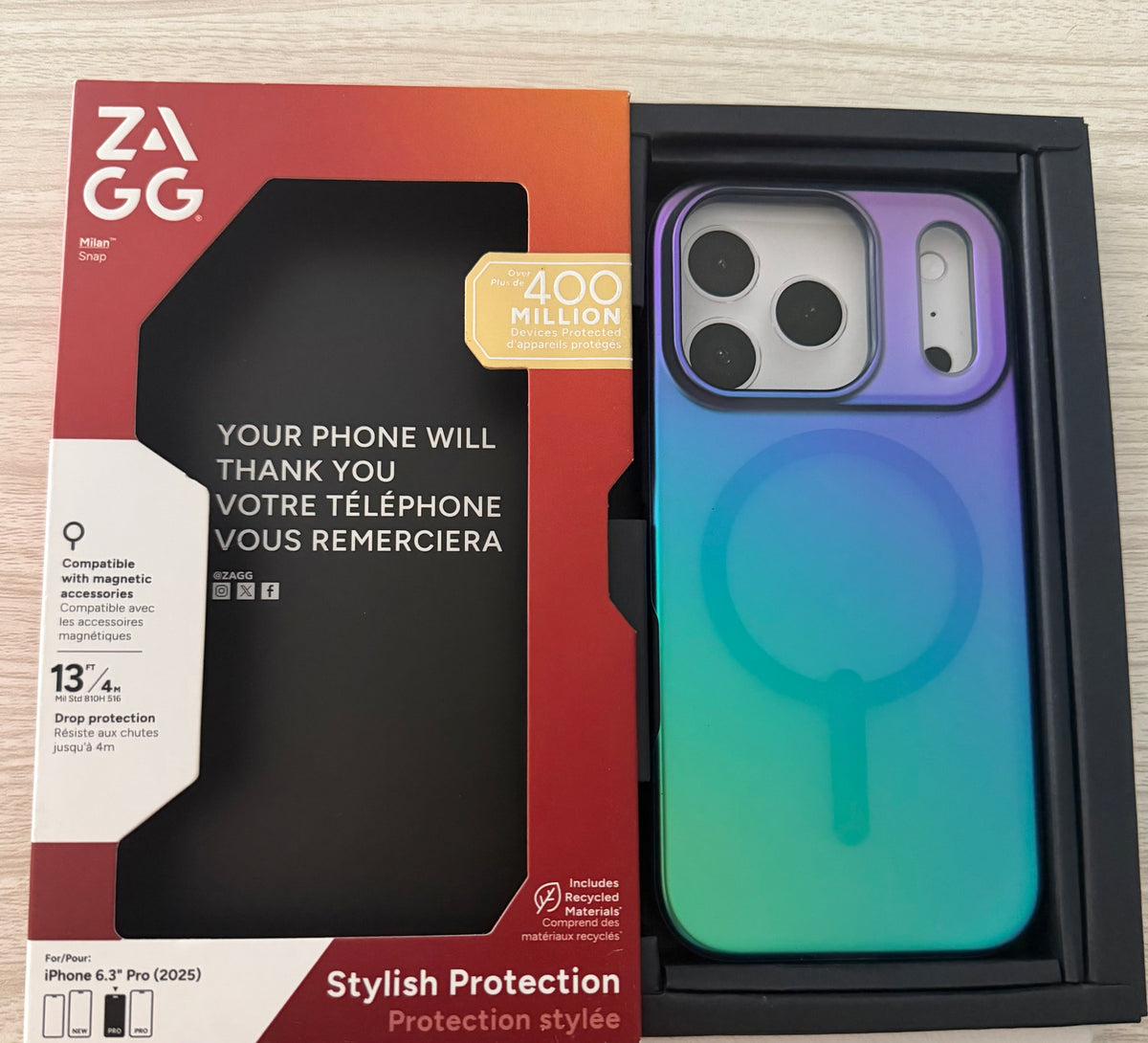ZAGG Milan Snap Case for iPhone 17 Pro - Raven Feather, Graphene Strengthened Phone Case with Drop Protection (13ft/4m), Textured Edges & Sparkle Design, MagSafe Charging Compatible