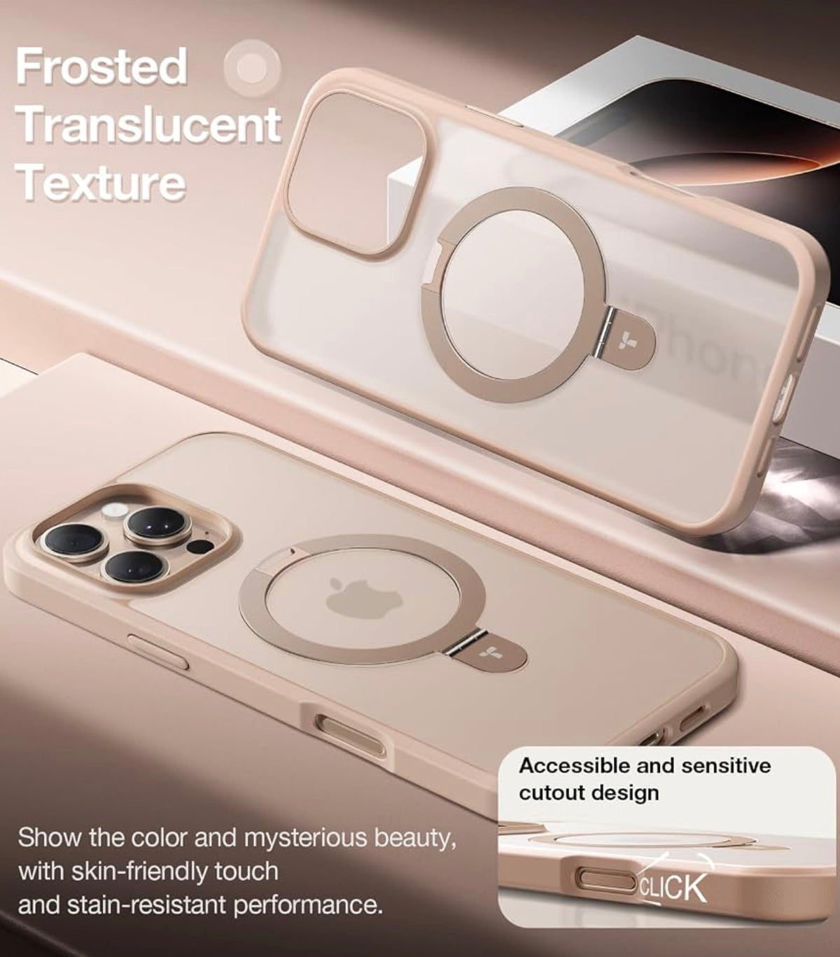 TORRAS Ostand for iPhone 16 Pro Case Magnetic Stand, Desert Titanium 6.3"
[Fit for MagSafe] [Flexible Stable Stand] 4X Military-Grade Shockproof, Slim Protective Phone Cover, Translucent Rose Gold