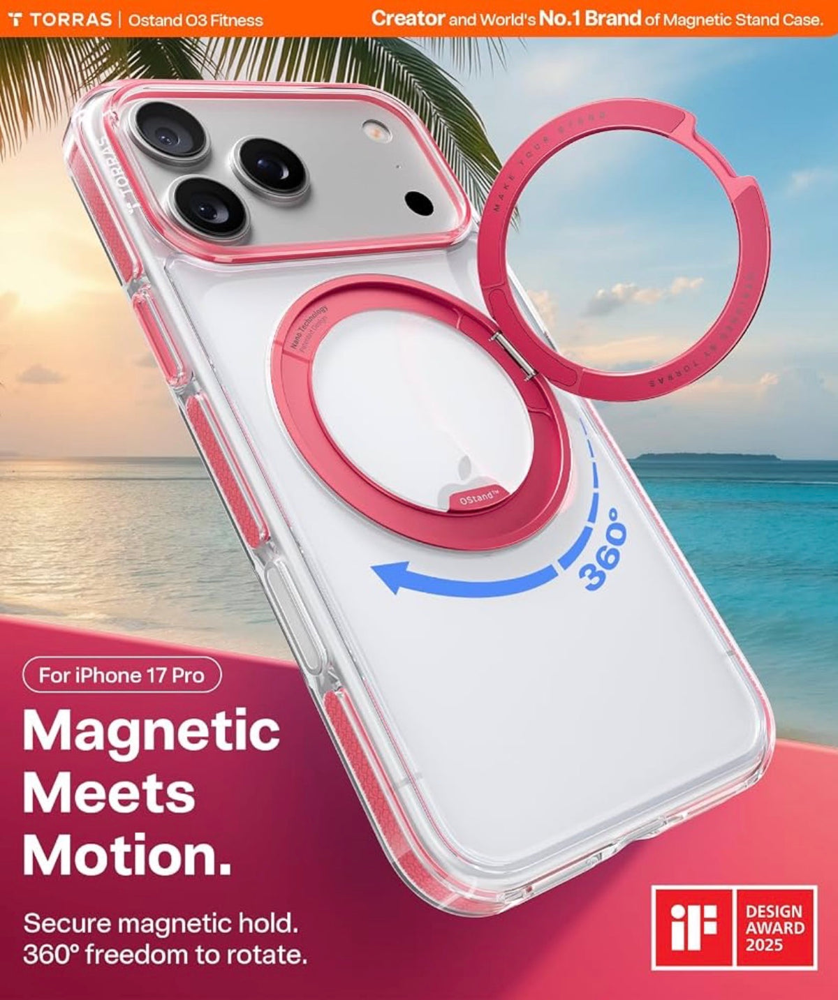 TORRAS for iPhone 17 Pro Case, 360 Magnetic Stand, Crystal Clear Pink 6.3"
[Fit for MagSafe] [360° Rotating Kickstand]4X Mil-Grade Shockproof, Camera Button, Slim Transparent Cover, O3 Fitness Series