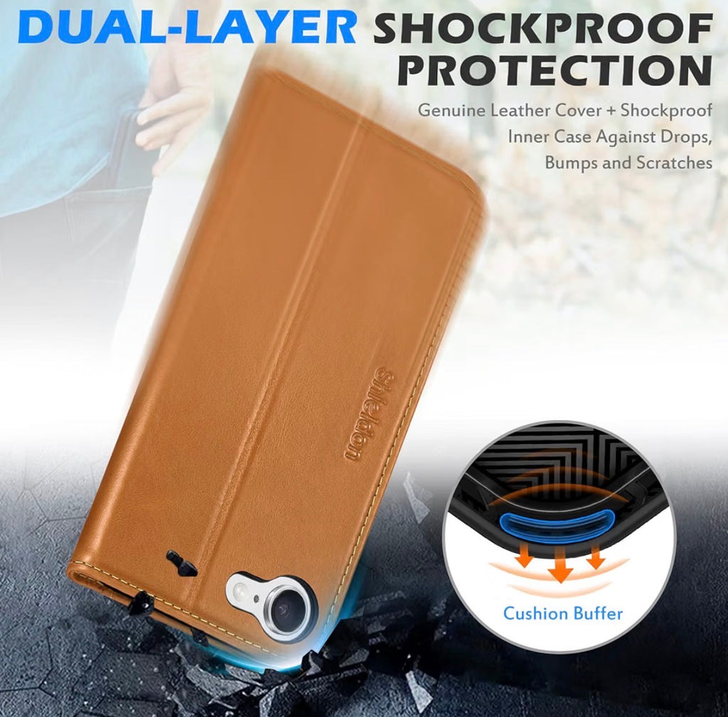 Genuine Leather Case Wallet for iPhone 17e/16e, Retro Light Brown, Flip Magnetic Cover, RFID Blocking, Credit Card Holder, Kickstand, Book Design, Shock-Absorbent Phone Cover