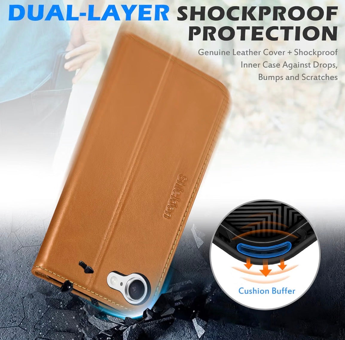 Genuine Leather Case Wallet for iPhone 17e/16e, Retro Light Brown, Flip Magnetic Cover, RFID Blocking, Credit Card Holder, Kickstand, Book Design, Shock-Absorbent Phone Cover