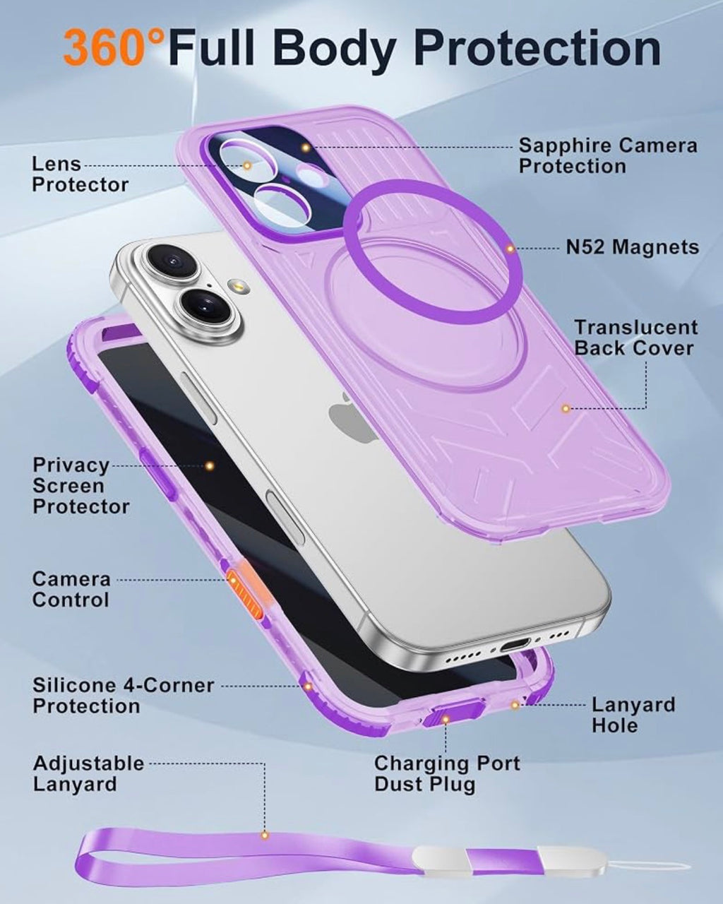 IP68 Waterproof Case for iPhone 17, Privacy, Purple