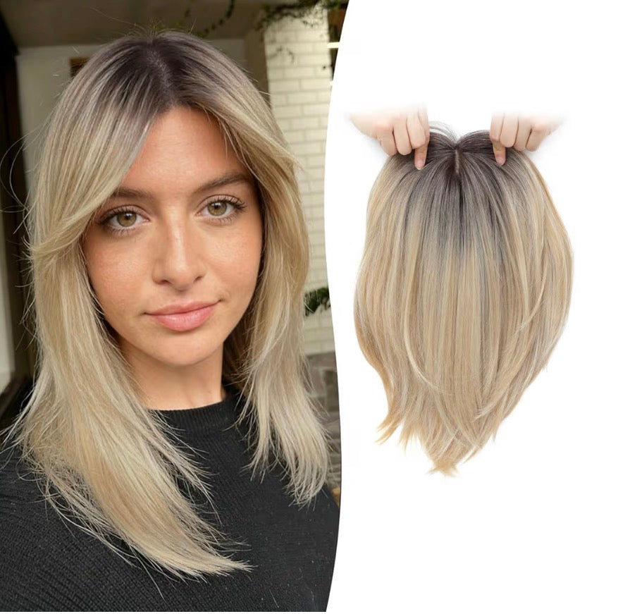 Hair Topper 12” Inch Clip in Synthetic Hair Toppers for Women with Thinning Hair Layered 6.5" X 6.5" Big Base Toppers Hair Pieces for Women Daily Use Blonde with dark root