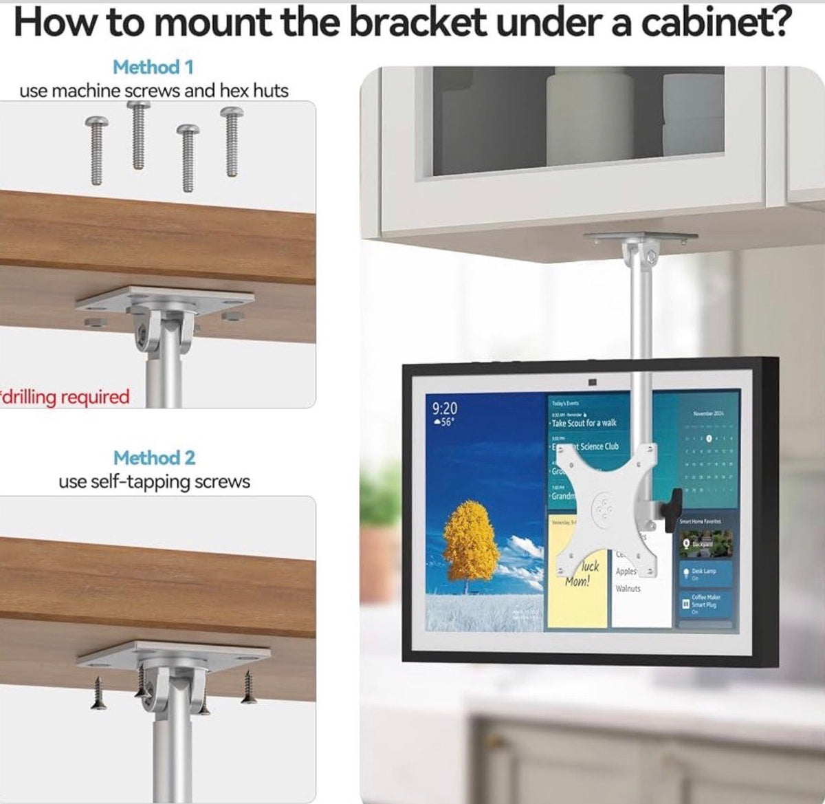Under Cabinet Mount for Echo Show 15/21, Height Adjustable Mount Wide Range of Motion, Keeps Counters Clear, Swivel and Tilt Mount for Show 15, Aluminum, Ideal for Kitchen Use, Height-Silver