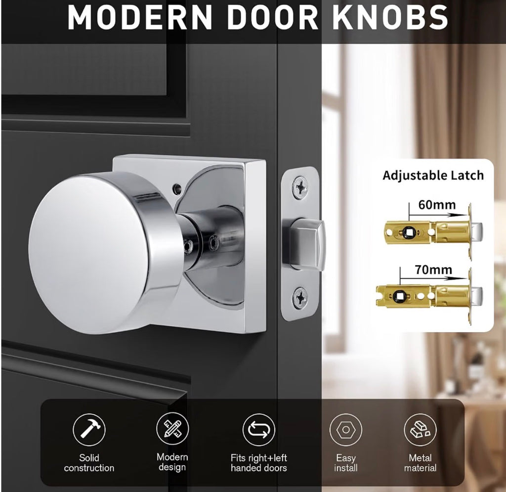 Polished Chrome Door Knobs Interior, Polished Chrome Privacy Door Knob with Lock, Heavy Duty Square Modern Door Handle for Bedroom Bathroom