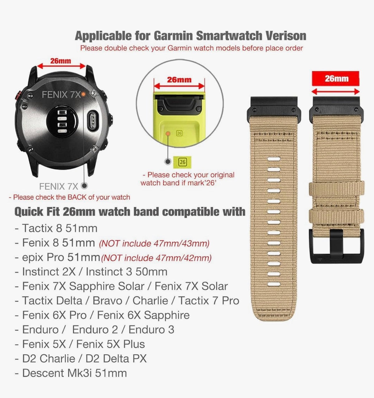 Rugged Nylon Watch Bands for Garmin Fenix 8 51mm / Enduro/Instinct 2X / epix Pro 51mm, Adjustable Sports Wrist Strap with Stainless Steel Clasp for Fenix 7X / 6X /5X, Instinct 3