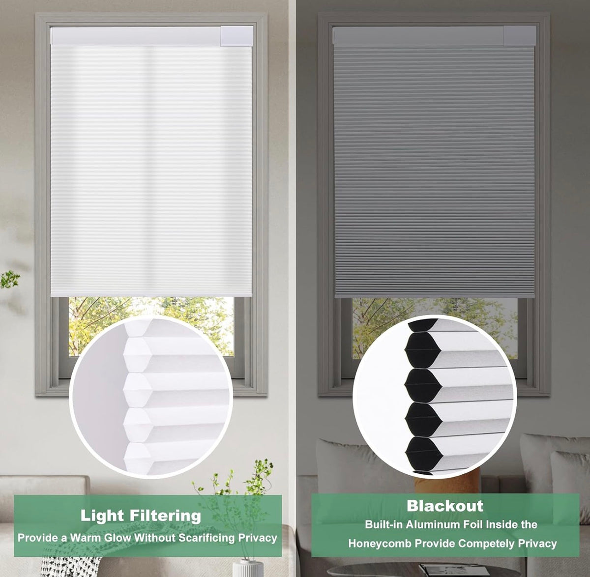 No Drill Cellular Shades for Indoor Windows, Thermal Insulating & Noise Reducing Honeycomb Blinds, Free Stop Cordless Blackout Shades, White,48" W x 64" H