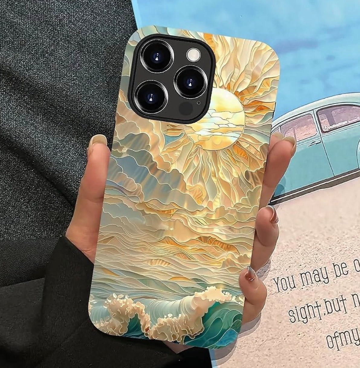 Case for iPhone 13 Pro Max,Ocean Waves Sun Rays Stained Glass for 2 in 1 Hard Shell + Soft Silicone, Shockproof Bumper Drop Protective Case for iPhone 13 Pro Max