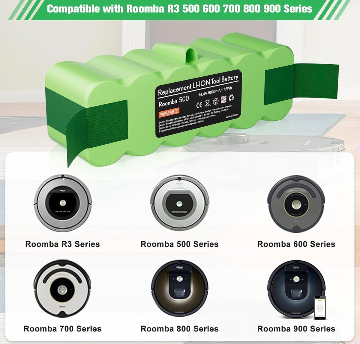6.4Ah 14.4V Battery Replacement for iRobot Roomba R3 500 600 700 800 900 Series 510 531 535 540 550 552 560 570 580 595 620 650 660 760 770 780 790 Vacuum Cleaner Battery