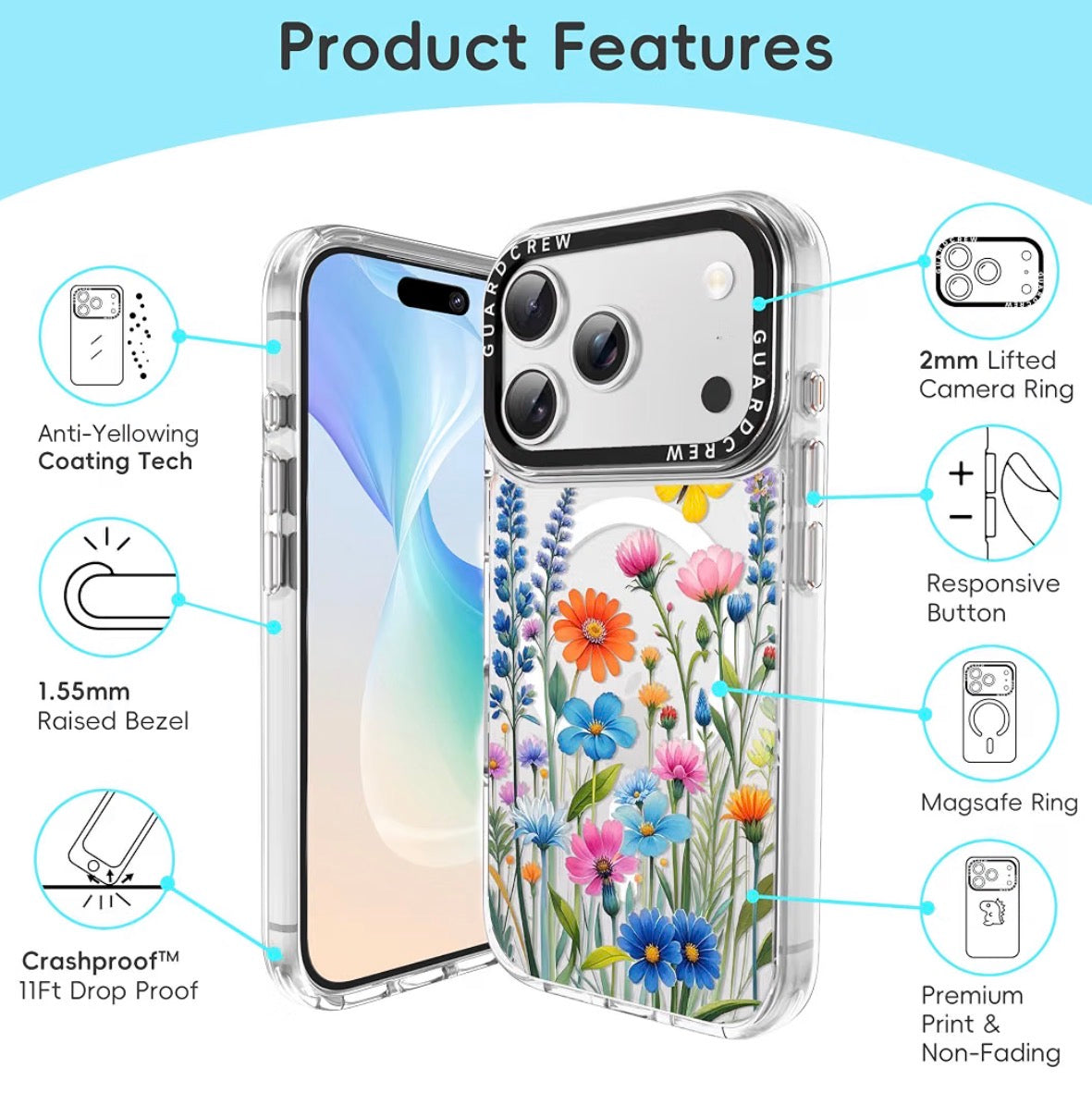 Magnetic Case for iPhone 17 Pro, [Butterfly with Wildflowers] Design for Women, [11FT Military-Grade Drop Tested] Compatible with Mag-Safe, Slim Shockproof Aesthetic Cover, 6.3"