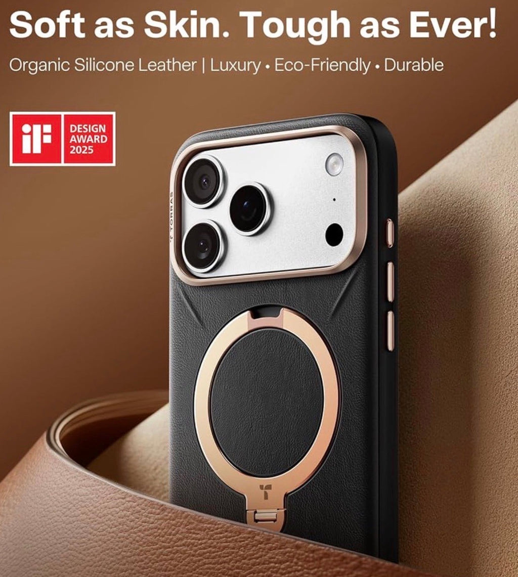 TORRAS - Q3 VegSkin for iPhone 17 Pro Case Leather, 360 Magnetic Stand, Black
Fit for Magsafe, Stain-Resistant Organic Silicone Leather, Camera Control, Shockproof Anti-Slip Phone Case for iPhone 17 Pro