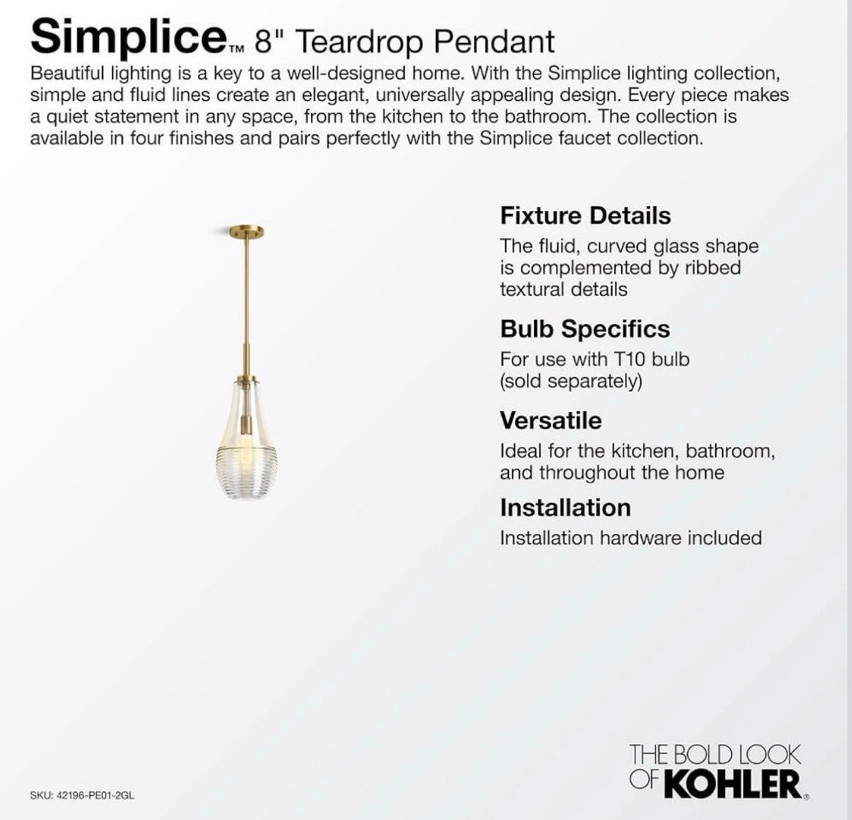Kohler 42196-PE01-BNL Simplice™ Teardrop 8" Pendant, Brushed Nickel