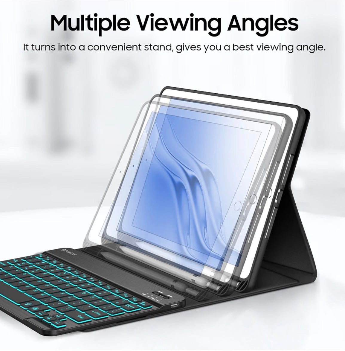 Backlit Keyboard Case for iPad 9th / 8th / 7th Generation 10.2 Inch
7-Color Backlight, Detachable Magnetic Bluetooth Keyboard, Soft TPU Cover, Multi-Angle Viewing, Black