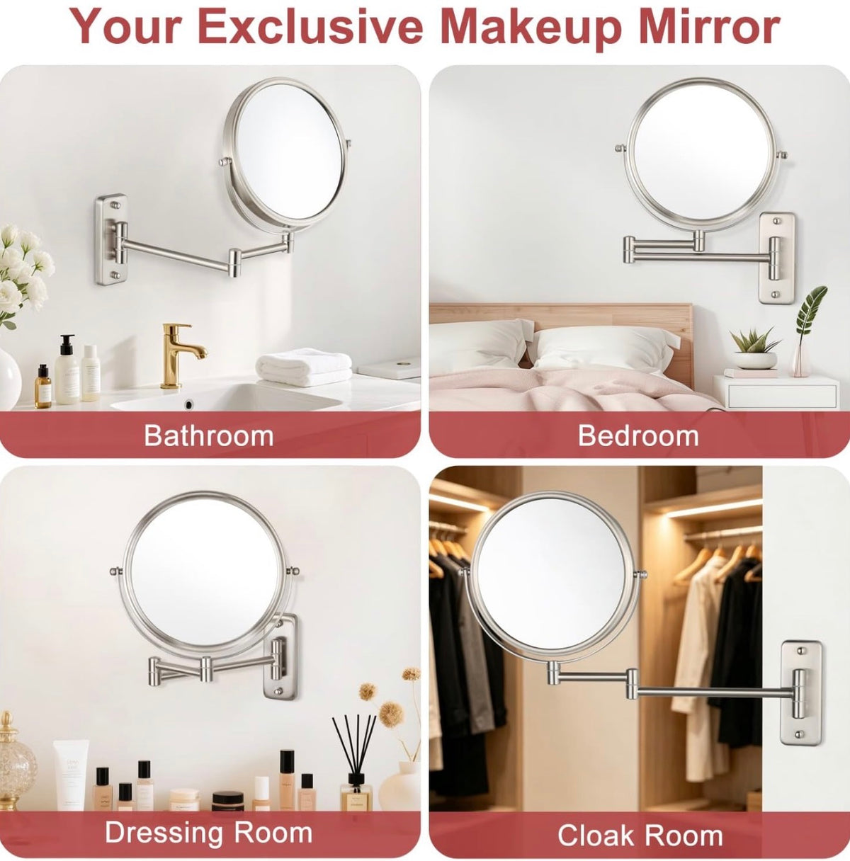 Wall Mounted Makeup Mirror, 1X/5X Magnifying Mirror Double Sided, 8 Inch Extendable Bathroom Mirror for Shaving, Nickel