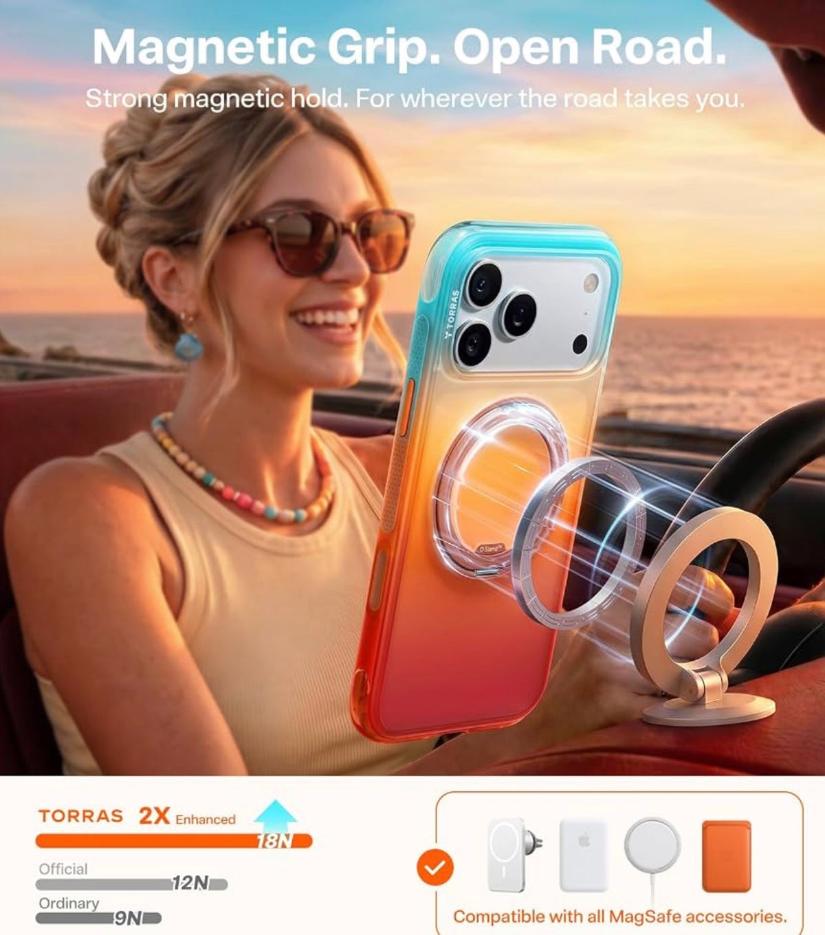 TORRAS O3 Air for iPhone 17 Pro Case, 360 Magnetic Stand, [Fit for MagSafe] Slim Case for iPhone 17 Pro, 6.3", Coastal Sunset, Fit for Magsafe, Military Drop Protection, Camera Control, Shockproof