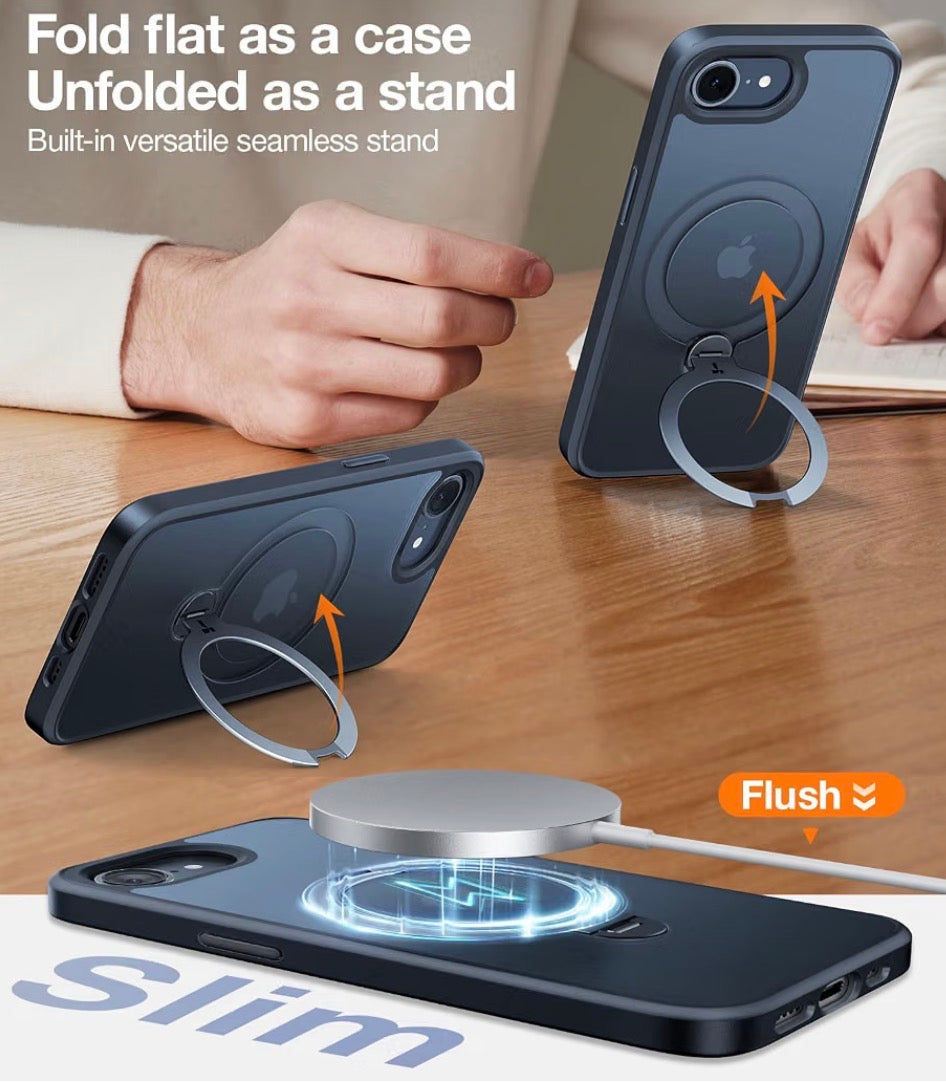 360 Spin for iPhone 17e Case & iPhone 16e case with Stand, Fit for MagSafe, 4X Military-Grade Protective, Stand Phone Case for iPhone 17e Case, Ring Holder Slim Cover, Matte Black 6.1''