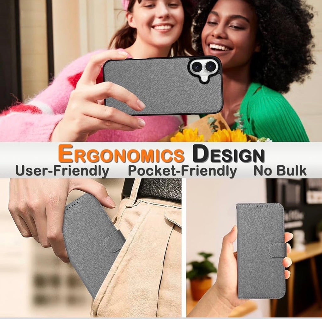 Wallet Case for iPhone 16 Plus with 4 Card Holder, Detachable 2 in 1 Leather Wallet Flip Folio Case, RFID Blocking, Wireless Charging, Microfiber Lining, Durable, for Women/Men (Mystic Gray)