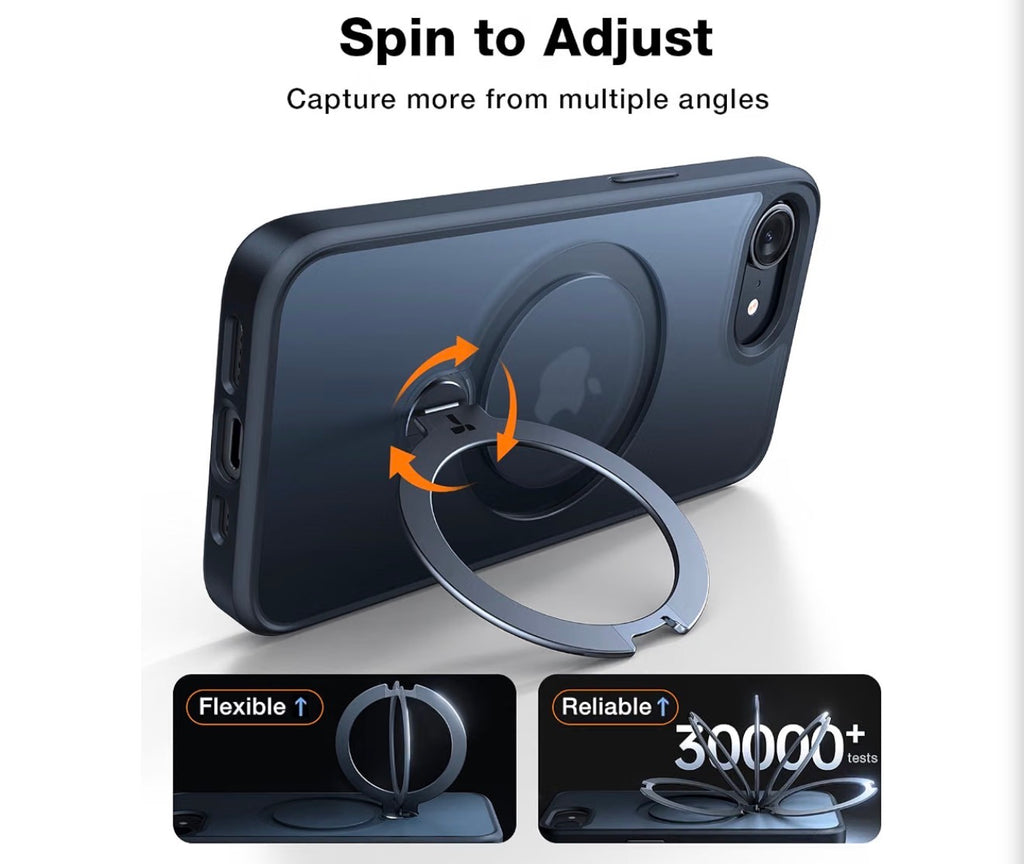 360 Spin for iPhone 17e Case & iPhone 16e case with Stand, Fit for MagSafe, 4X Military-Grade Protective, Stand Phone Case for iPhone 17e Case, Ring Holder Slim Cover, Matte Black 6.1''