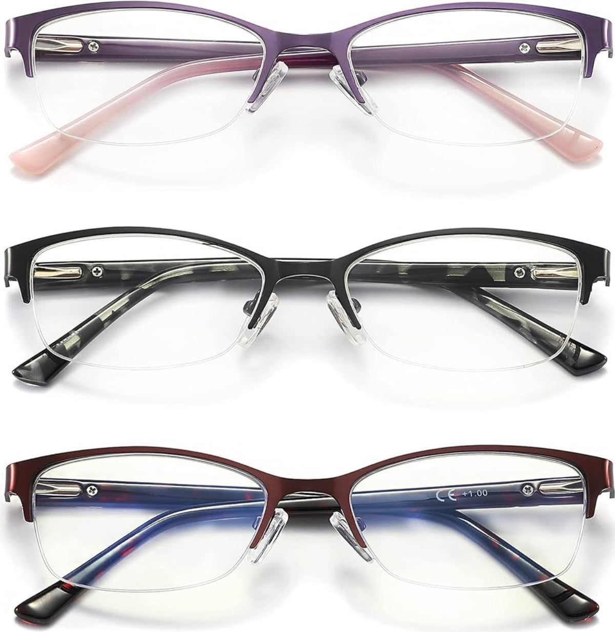 3 Pack Reading Glasses for Women Blue Light Metal Half Frame 1.00, Blue Light Blocking,Reduce Eye Strain,Anti Glare,Reduce Headache,Spring Hinge,Oval Half Frame