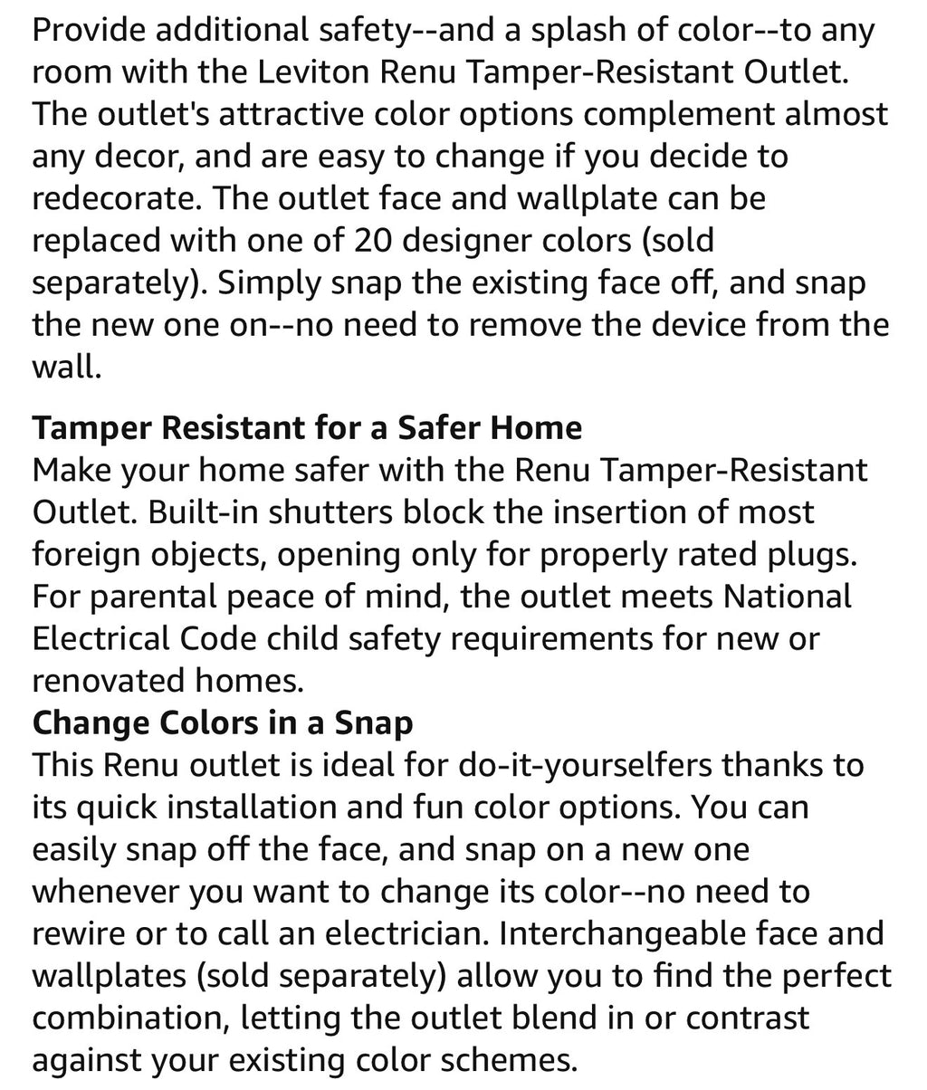 Leviton Renu Tamper-Resistant Outlet, 15-Amp, 125VAC, RER15-CA, Matte Red Delicious