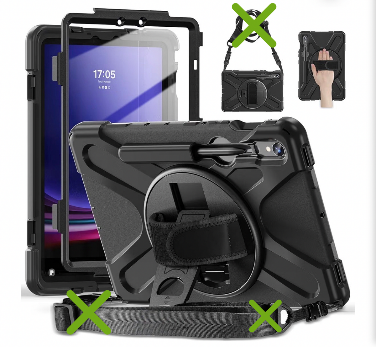 Case for Samsung Galaxy Tab S10 Lite/S10 FE/S9 FE/S9/S8/S7 5G 10.9"/11 Inch, Heavy Duty Rugged Soft Silicone Shockproof Drop Protective Cover with Rotating Stand Hand Strap, Black