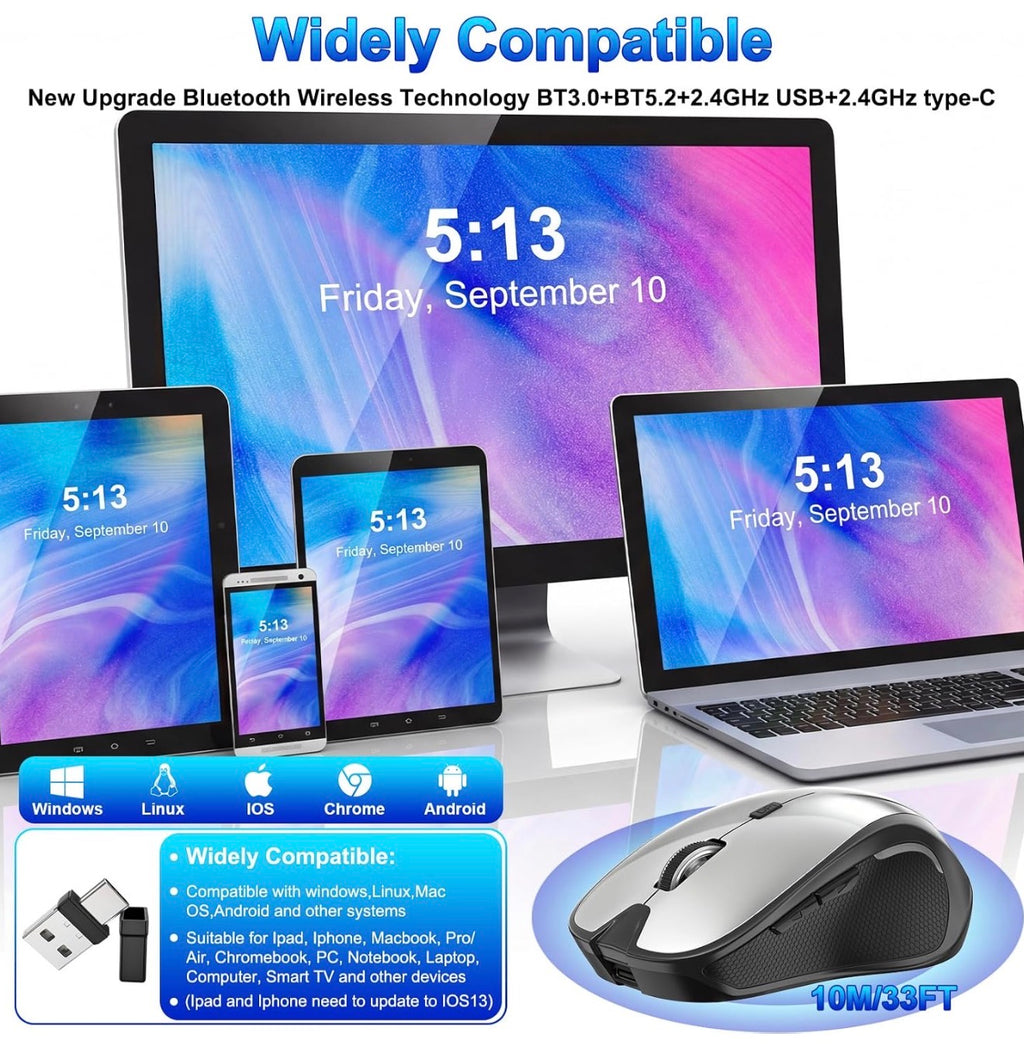 Mouse for MacBook Bluetooth Wireless Laptop Mac Pro Air Mice with Jiggler, Wireless Rechargeable PC Pad Optical Silent Mouse Dual Mode Switch Bluetooth 5.2/3.0 and 2.4GHz USB Type-C Receiver PURPLE
