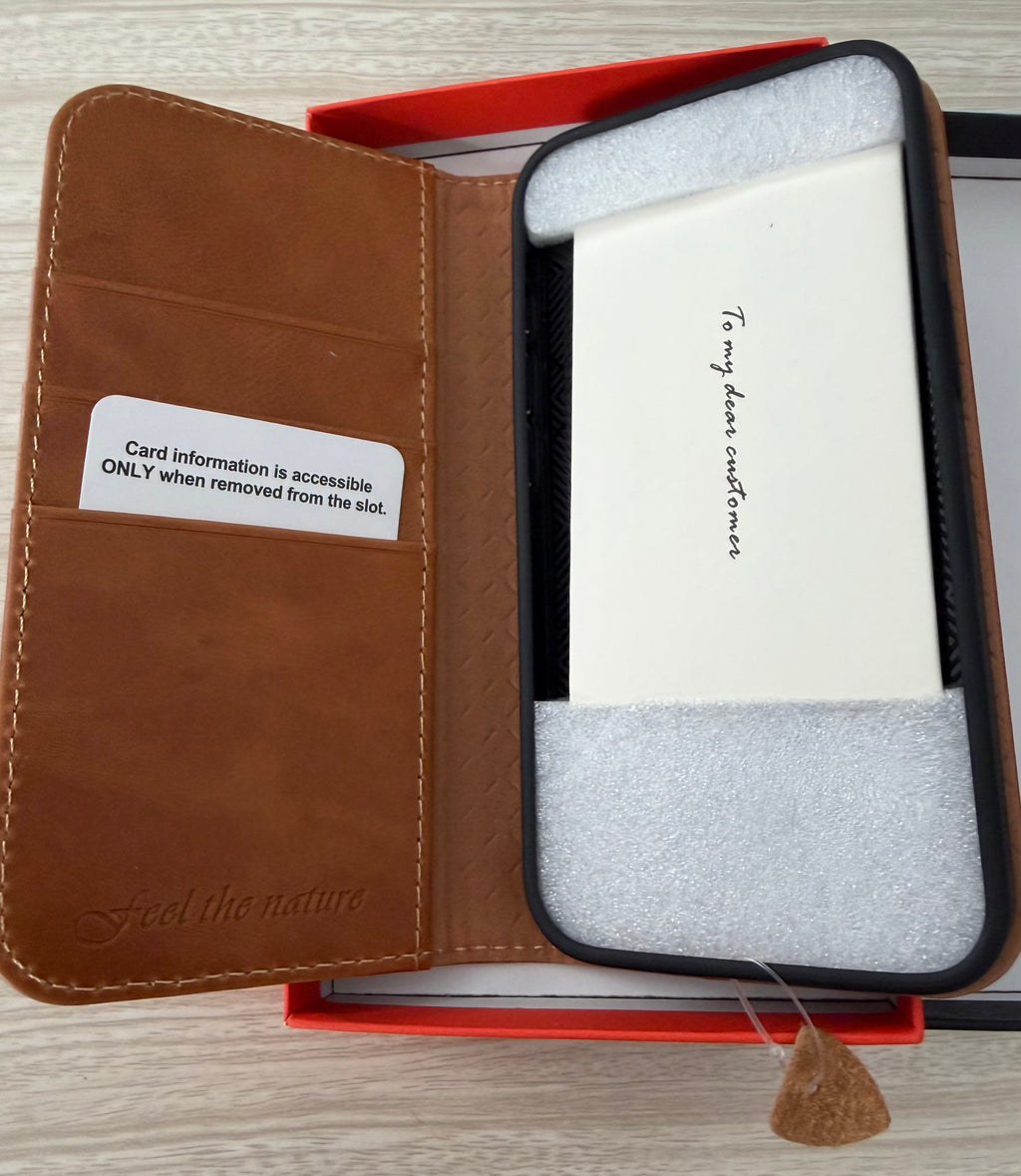 Genuine Leather Case Wallet for iPhone 17e/16e, Retro Light Brown, Flip Magnetic Cover, RFID Blocking, Credit Card Holder, Kickstand, Book Design, Shock-Absorbent Phone Cover