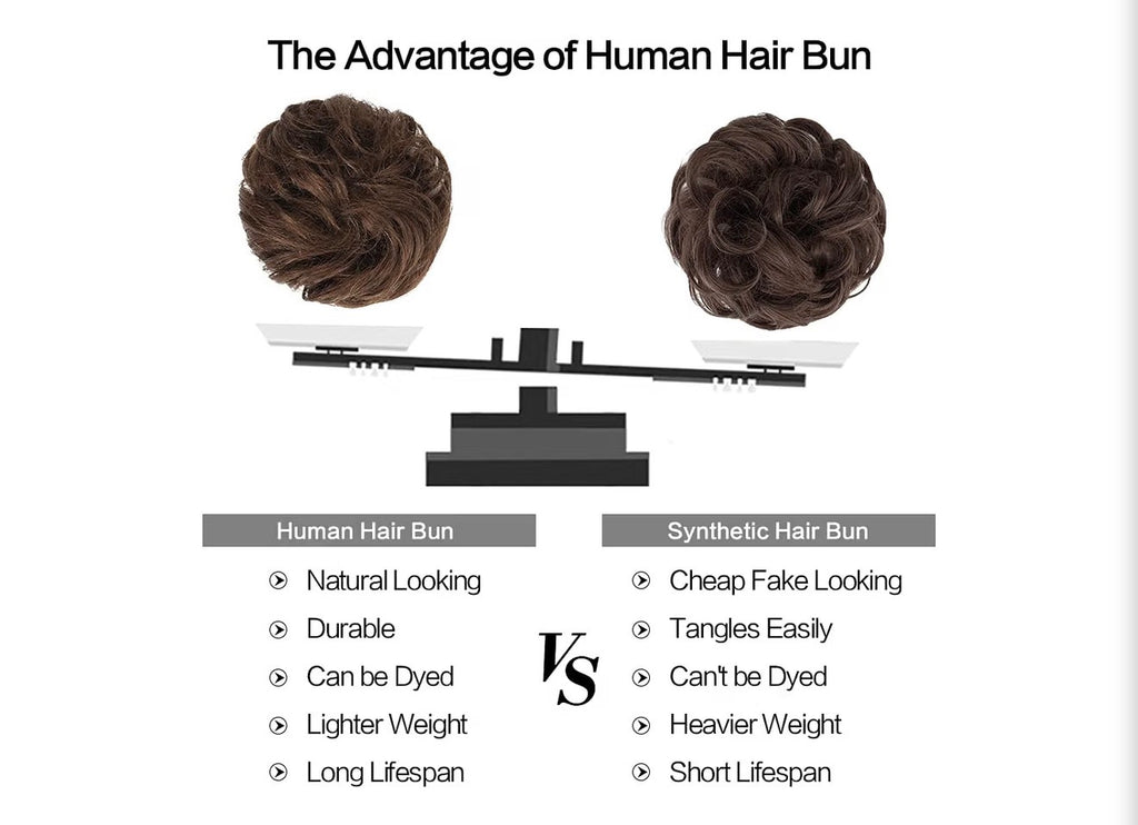 100% Human Messy Bun - Human Hair Bun Real Elastic Scrunchies Hair Pieces Soft Fluffy Wavy Ponytail Extensions Updo Chignon Hairpieces for Women, Medium Brown Auburn