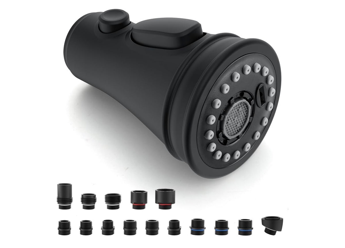 Kitchen Faucet Spray Head Replacement, 3-Function Pull Down Sprayer Head
15 Adapters, Compatible with Moen Delta Kohler, 3-Mode Stream Spray Blade, Removable Aerator, Easy Install, Matte Black