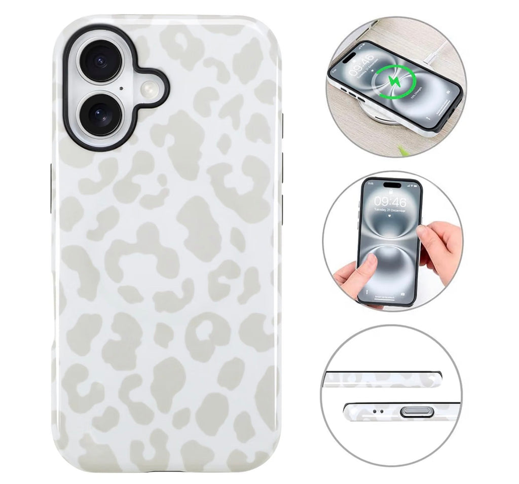 Magnetic for iPhone 17 Case, White Leopard Cheetah Pattern [Compatible with Magsafe Charging] 2 in 1 Matte Shockproof Protection Hard Phone Cover for Women Men