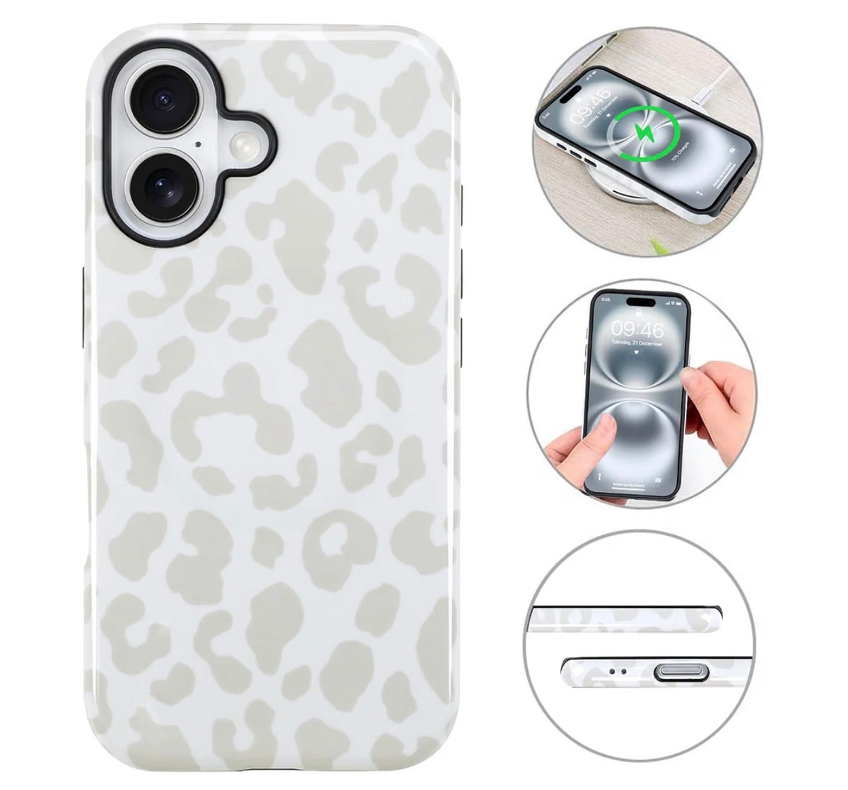 Magnetic for iPhone 17 Case, White Leopard Cheetah Pattern [Compatible with Magsafe Charging] 2 in 1 Matte Shockproof Protection Hard Phone Cover for Women Men