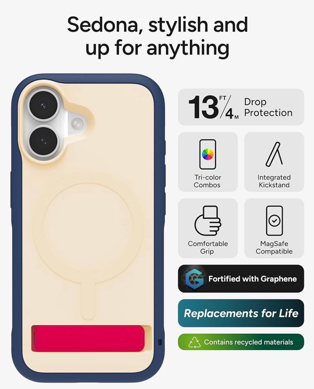 ZAGG Sedona Snap Case with Kickstand for iPhone 17 - Red Light Yellow & Blue, Drop Protection (13ft/4m), Multi-Layer Protection, with Camera Button, MagSafe Phone Case with Impact-Absorbing Bumpers