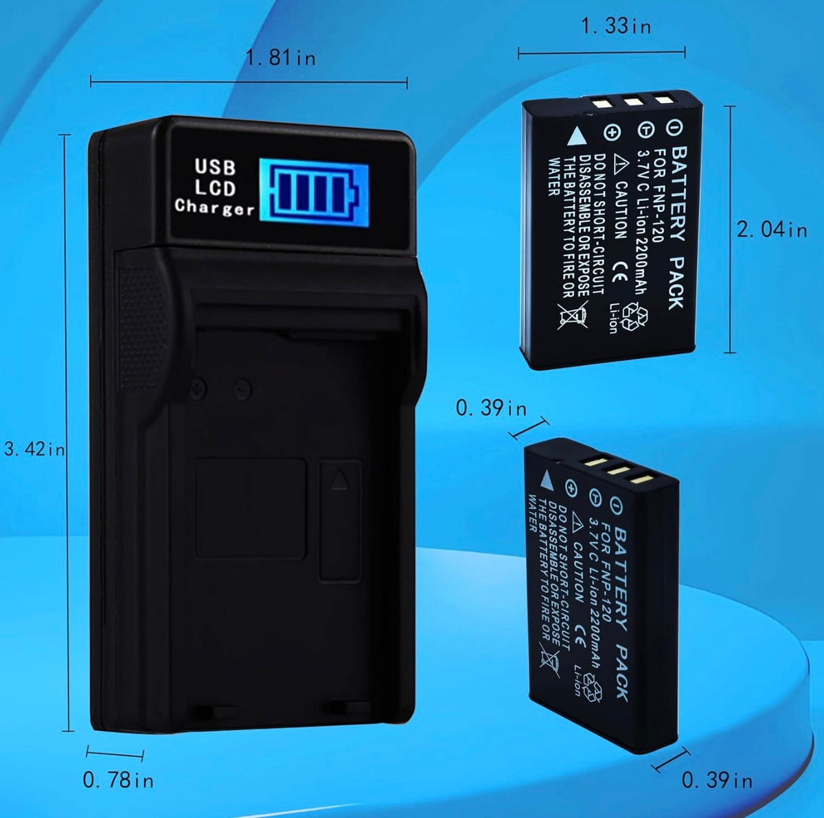 2 Pack, NP-120 Battery and Charger Kit, Replacement for Fujifilm NP-120 NP-120B FNP120, Compatible with Toshiba PX1657 Pentax D-LI7 Ricoh DB-43 Contax BP-1500S