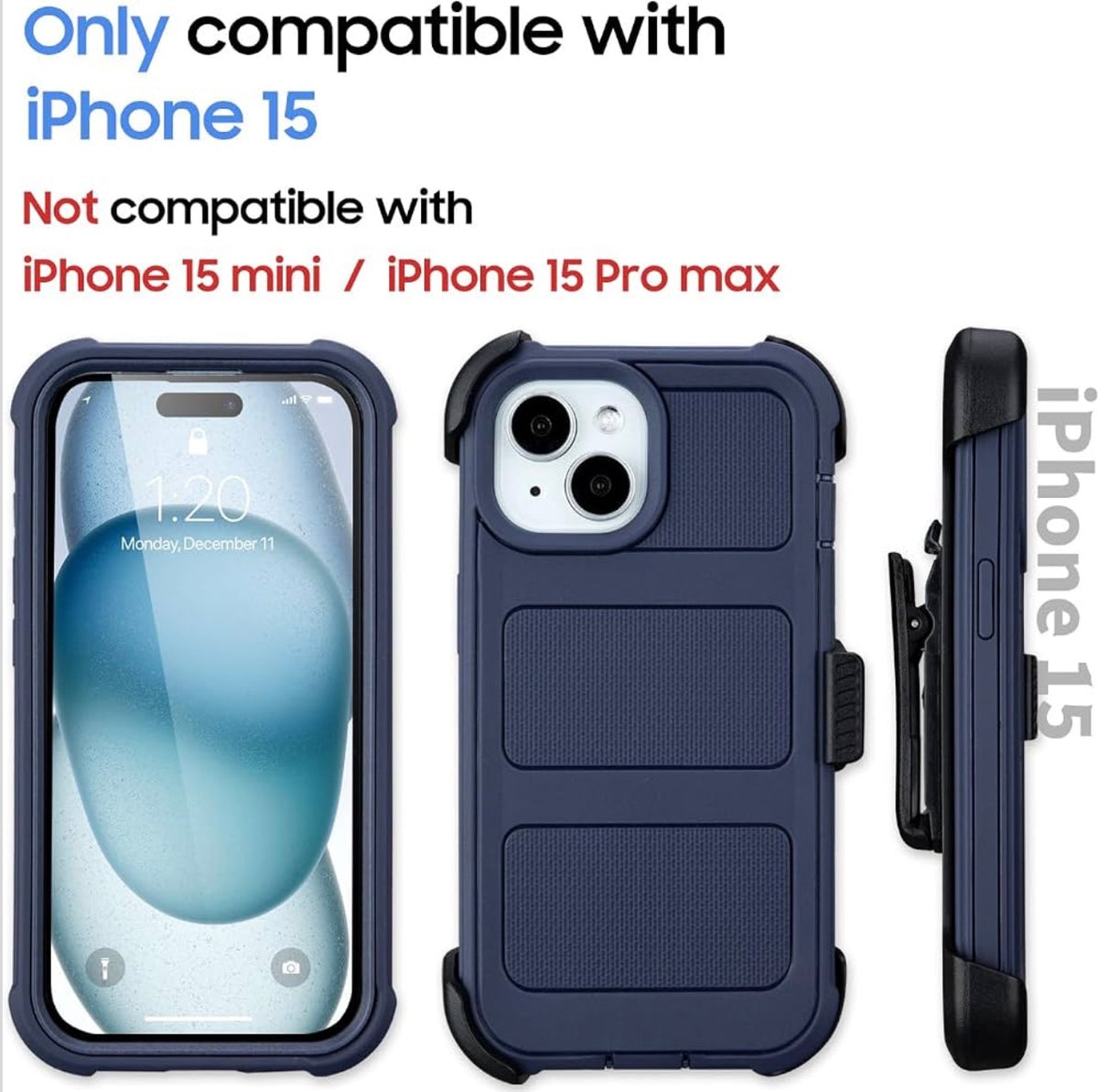 Protective Case for iPhone 15 Phone Case Belt Clip Holster Kickstand Blue
for Defender iPhone 15 Case Heavy Duty Rugged | 2 Layers of Sturdy Shockproof Cover for iPhone15 Case Work Outdoor Blac