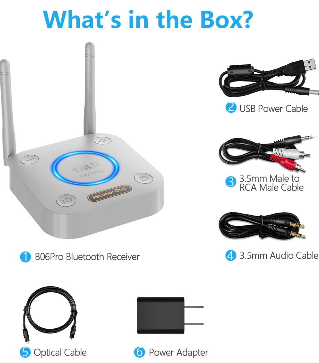 B06Pro Bluetooth 5.3 Receiver for Home Stereo, Hi-Fi Audio Adapter
Long Range, aptX HD Low Latency, AUX RCA Optical Coaxial, Wireless Music Streaming from Your Phone to Old Stereo Systems