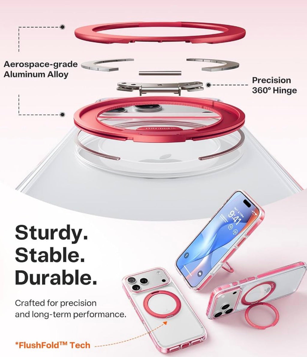 TORRAS for iPhone 17 Pro Case, 360 Magnetic Stand, Crystal Clear Pink 6.3"
[Fit for MagSafe] [360° Rotating Kickstand]4X Mil-Grade Shockproof, Camera Button, Slim Transparent Cover, O3 Fitness Series
