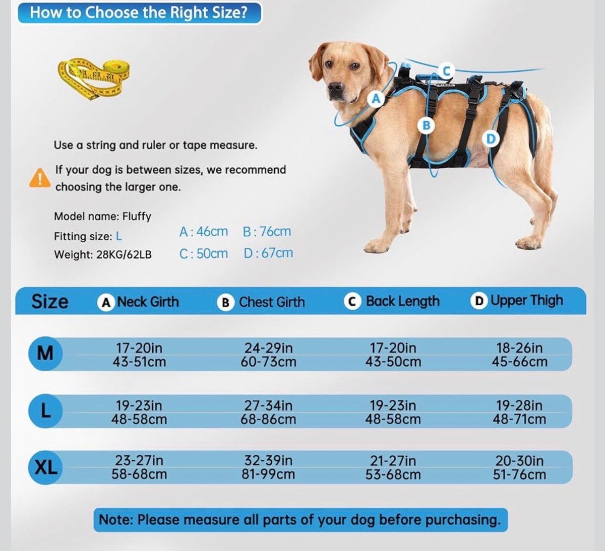 Dog Lift Harness for Large Male Dogs, 2-in-1, Back Leg Support & Mobility Assistance for Senior Dogs, Post-Surgery Recovery Sling (Black & Blue, Large)