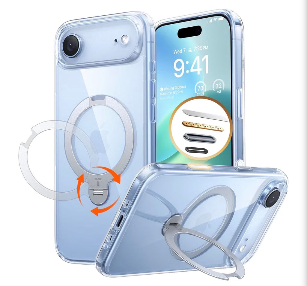 Q3 Spin for iPhone 17 Air Case, 360 Magnetic Stand, Clear, Compatible with MagSafe, Built-in Kickstand, Camera Control, 4X Military-Grade Shockproof Translucent Phone Case for Air