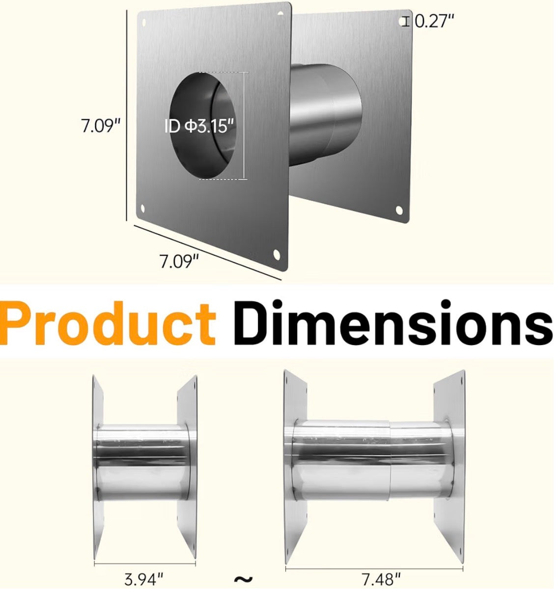 3.15" Stainless Steel Vent Wall Thimble, Extendable Length from 3.94" to 7.48" for Indoor Gas Tankless Water Heaters